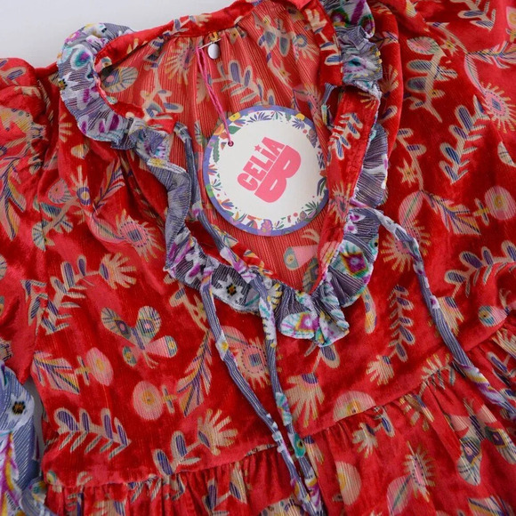 CeliaB Matilda Red Burnout Floral Tiered Ruffle Sleeve Midi Dress XS NWT - Picture 10 of 11